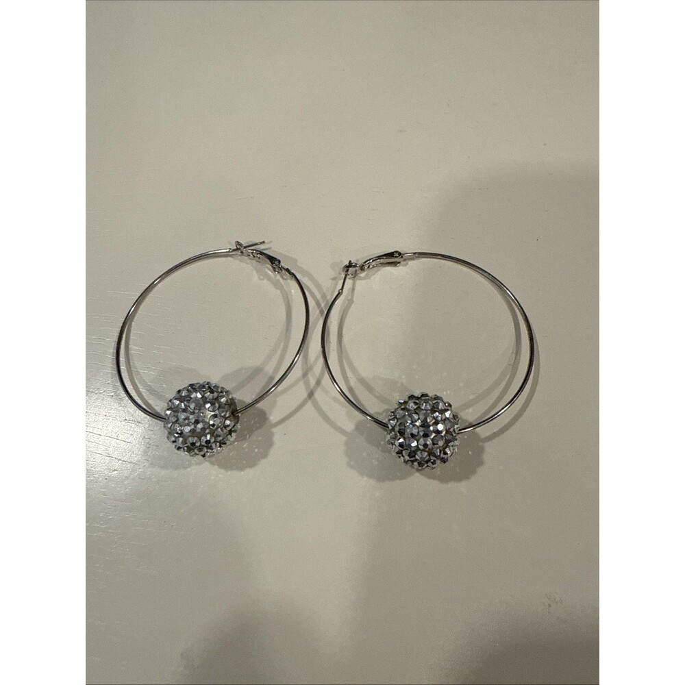 Silver Tone Metal Hoop Style Pierced Earring With Disco Ball Bead